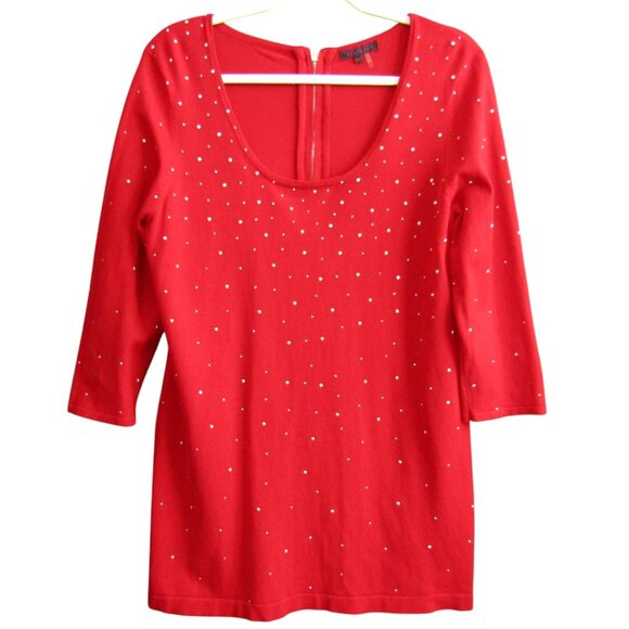 Fontana Red Silver Studded Top Womens Size XL 3/4 Sleeve Scoop Neck Stretch - Picture 1 of 10